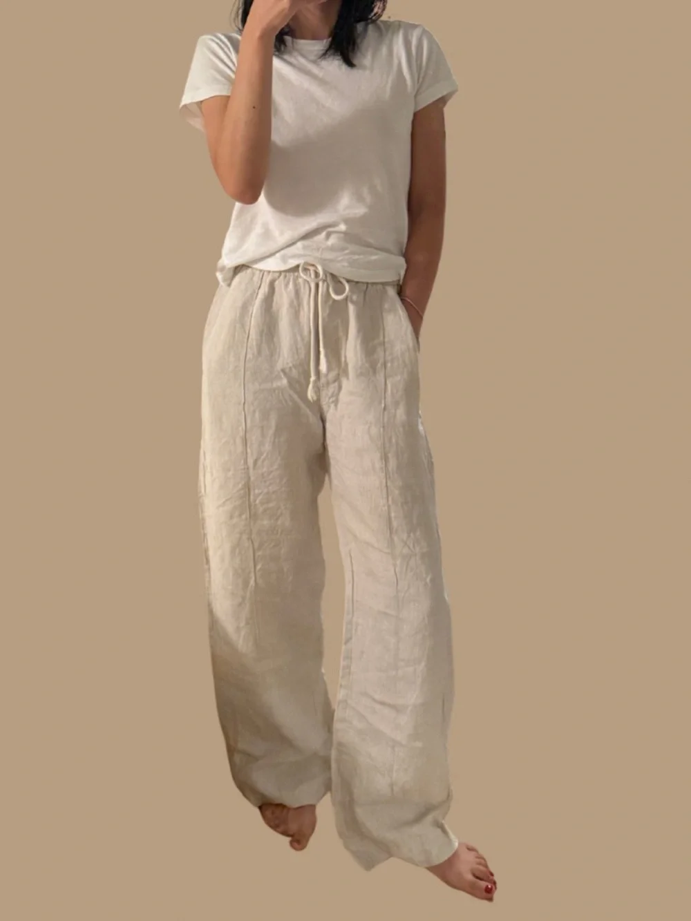 Zara Light Beige Drawstring Linen straight leg wide pants